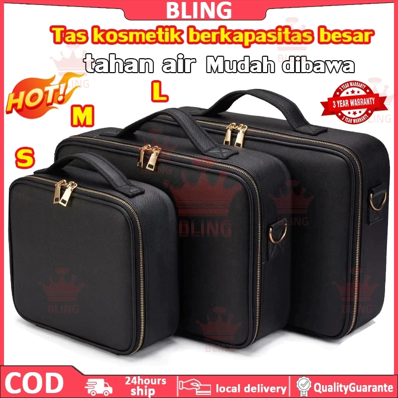 CODTas Kosmetik dengan Cermin Lampu LED Tas Makeup Beauty Case/Tas kosmetik Pink&Black Tas Make up