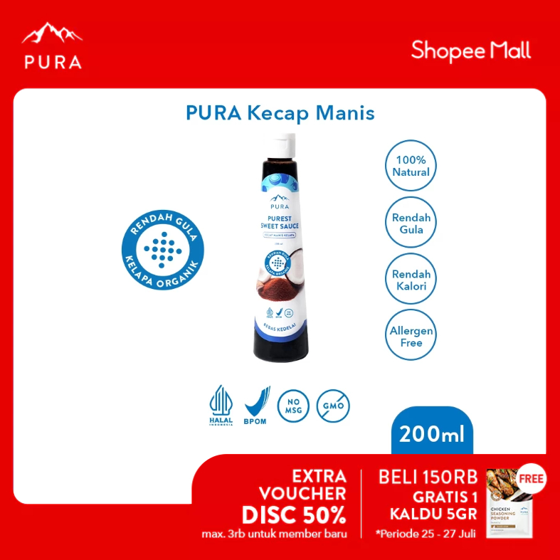 

Pura Kecap Manis (200ml) - Purest Sweet Sauce - Rendah Gula - Organik - Rendah Kalori - Kecap Manis Kelapa - Kecap Manis MPASI Anak - Kecap Manis Diet - Low Sugar - Natural
