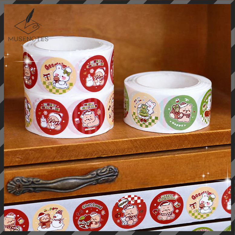 Sticker Roll Natal Christmas Xmas Rabbit and Bear Cute Stiker DIY isi 300 Roll Bulat A-SK004