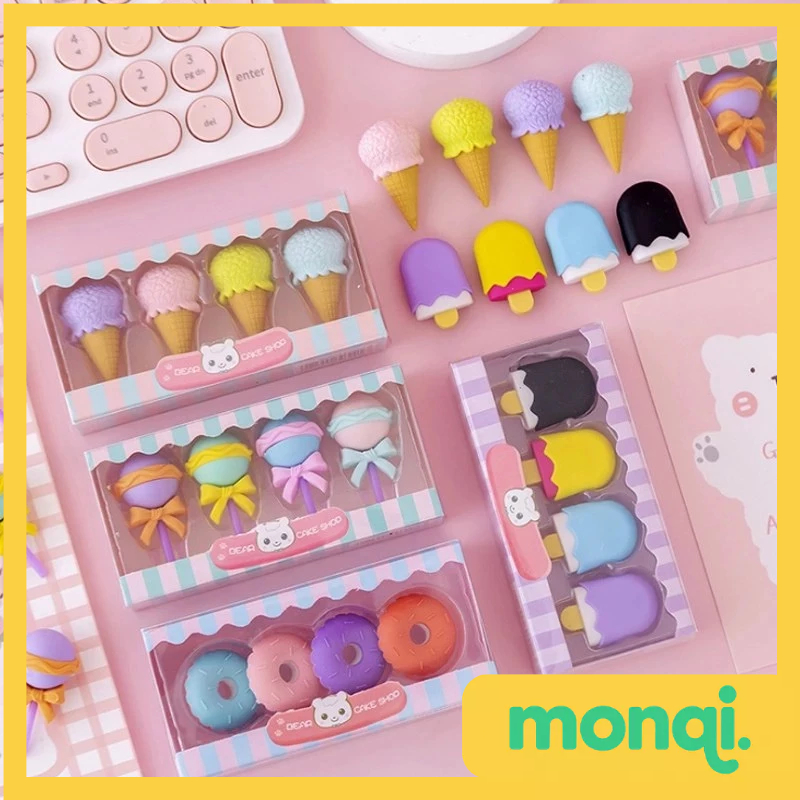 

MONQI Penghapus 4 Pcs / Set Lucu Bentuk Es Krim Karet Hapus Lolipop Donat Pensil Karakter Sweet Eraser Anak Sekolah Karakter 4pcs Bentuk