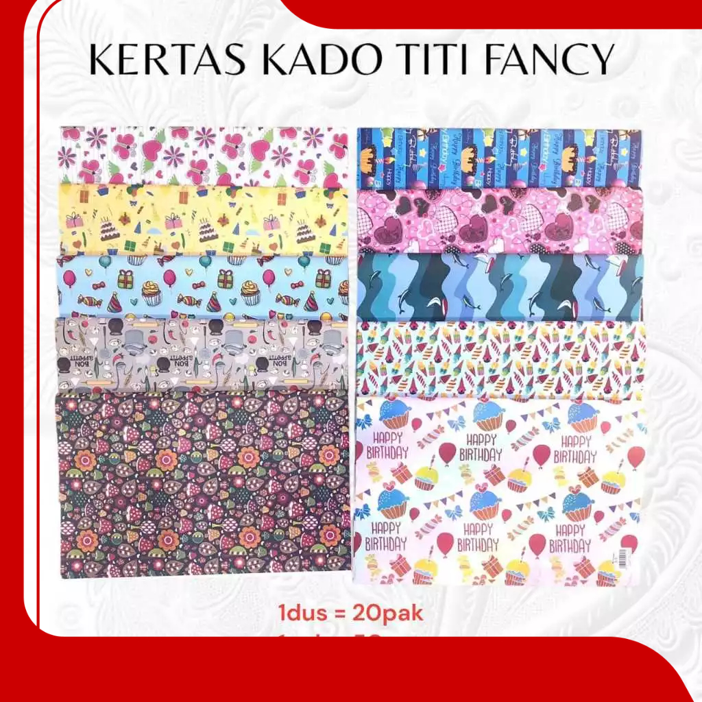 

Kertas Kado FANCY ( 1 PAK SUDAH CAMPUR MOTIF ) 1X50 HVS 65X50CM MOTIF