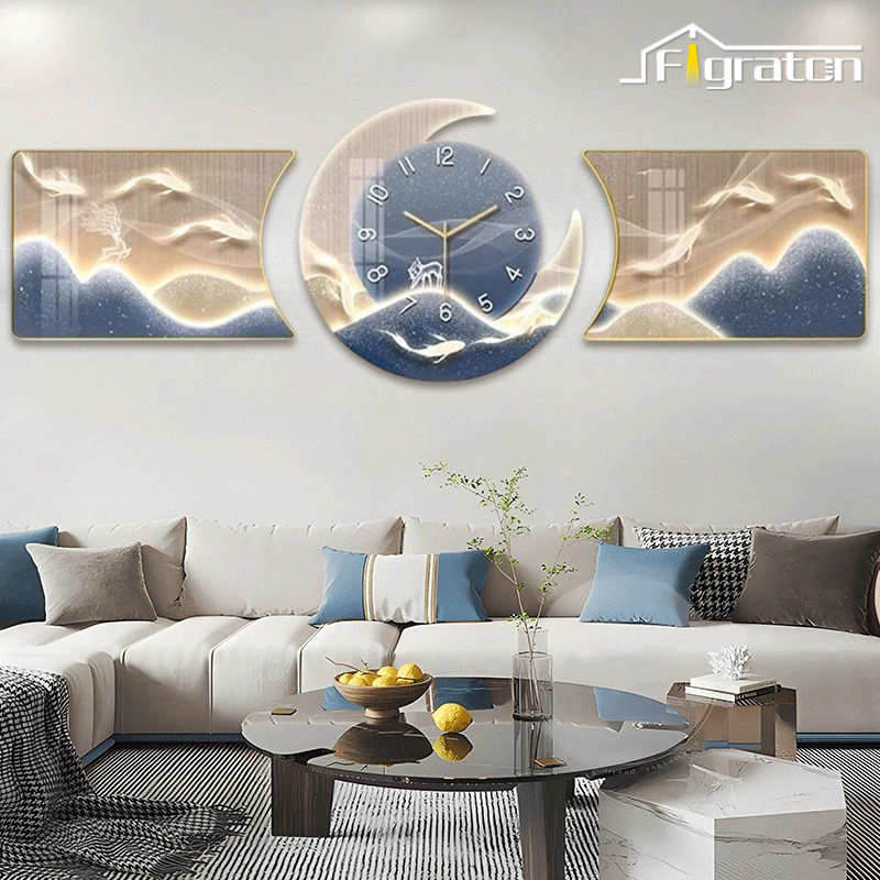 Lampu Dinding Lukisan Jam Hiasan Dinding Ruang Tamu  Jam Dinding Nordic Modern biru Lukisan Krystal 