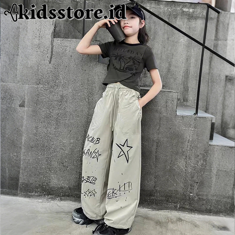 Setelan Crop Top Anak Perempuan One Set Celana Cargo & Kaos Crop Top Anak Perempuan