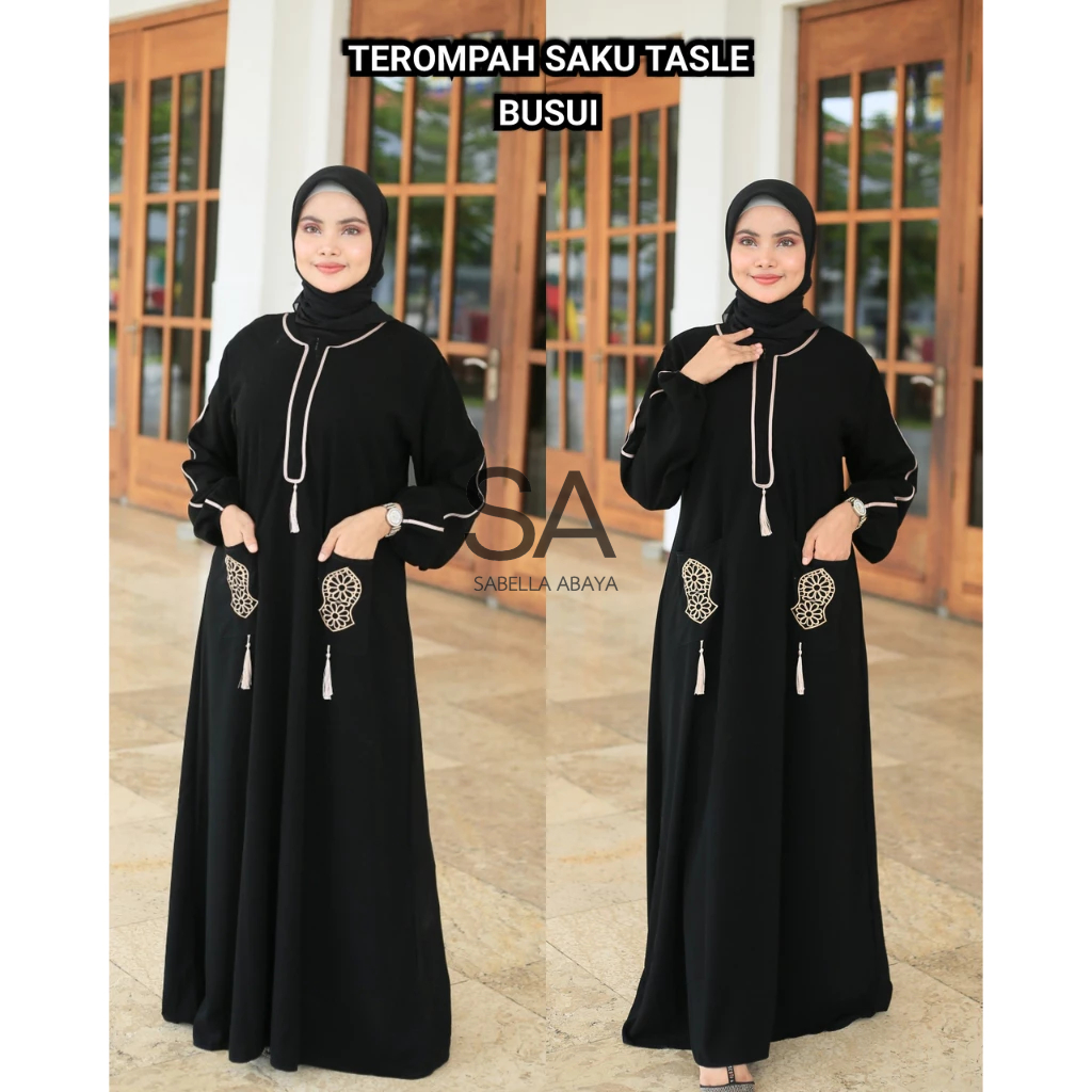 SABELLA ABAYA gamis hitam Terompah tasle SAKU busui jetblack ori saudi