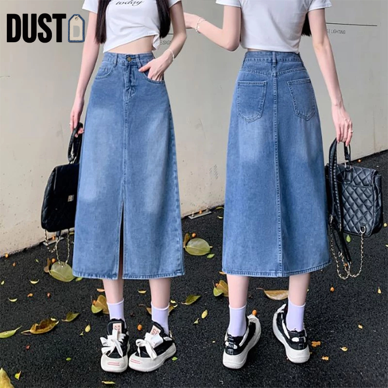 [Diskon 50%]  Dust Rok Denim Wanita Korea Rok Long Skirt Pembahagian Depan