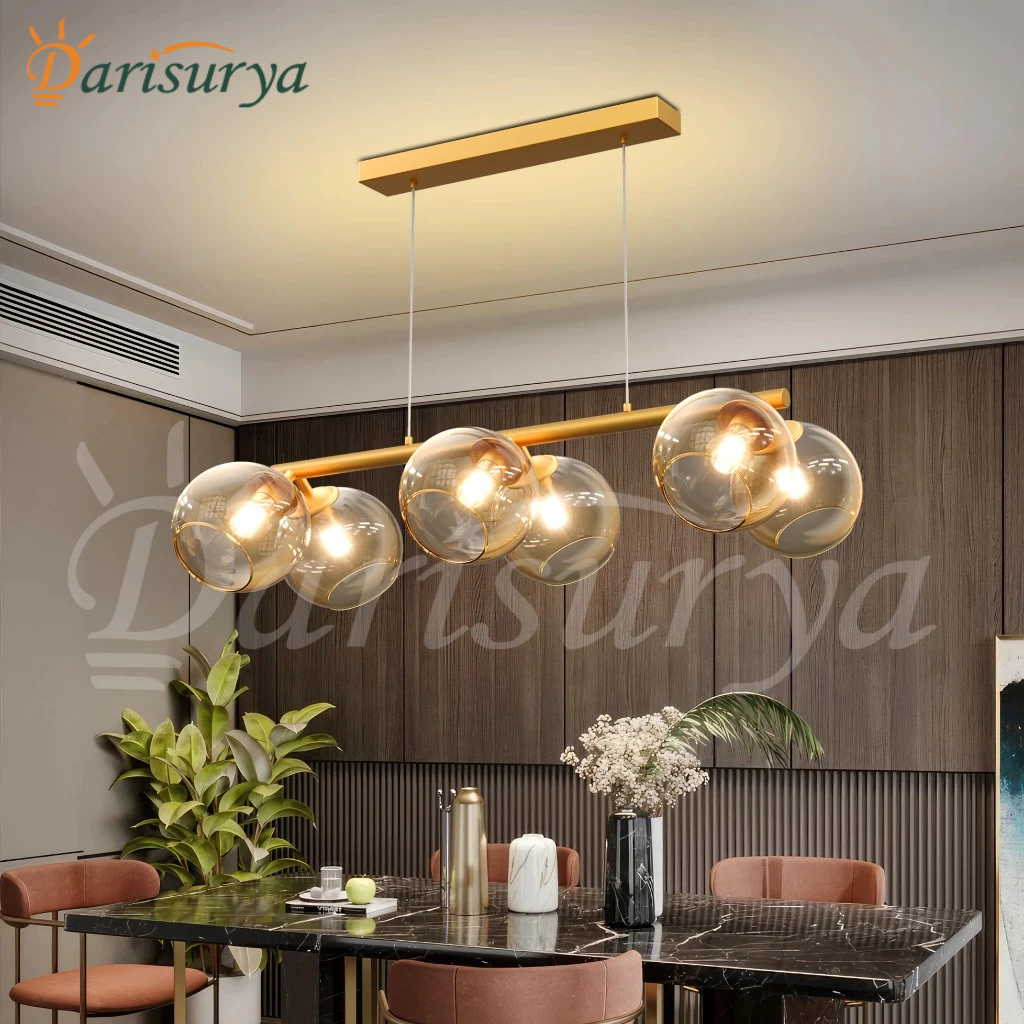 Lampu Gantung Minimalis Ruang Meja Makan Mini Bar Modern 80cm Emas isi 6 Bola Kaca Hias Glass Ball