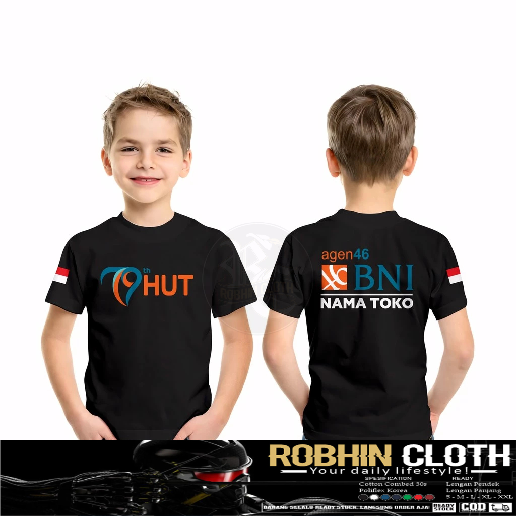 Kaos Baju Anak HUT BANK BNI ke 79 Logo Agen 46 Gratis Nama Toko DB Kaos Distro