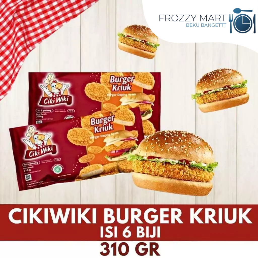 

CIKIWIKI Burger Kriuk Isi 6pcs 310gr – Burger Ayam Crispy Gurih Frozen Food Praktis