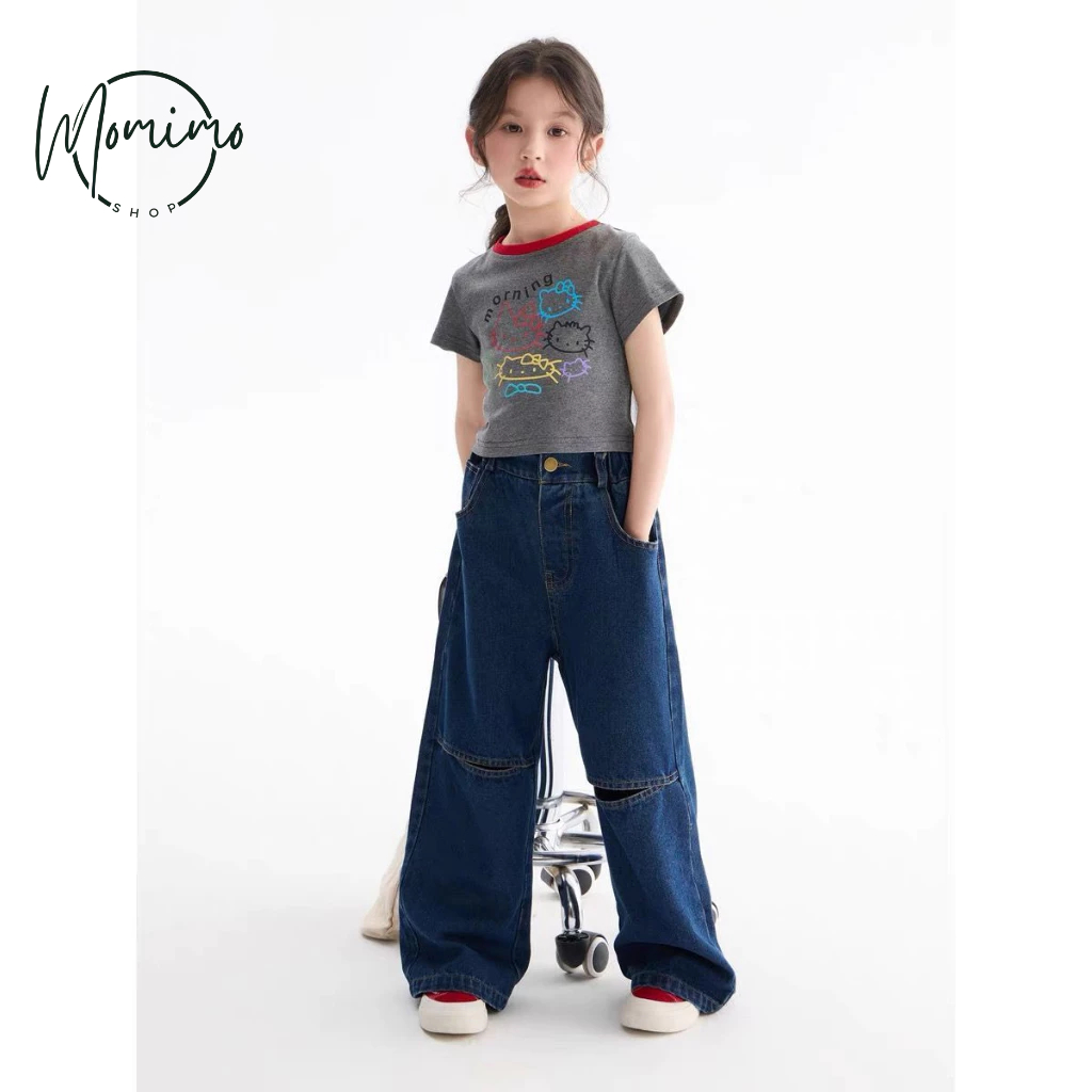 Korea Style Setelan Anak Perempuan OOTD Anak Perempuan Atasan Lengan pendek + Celana Jeans Kulot