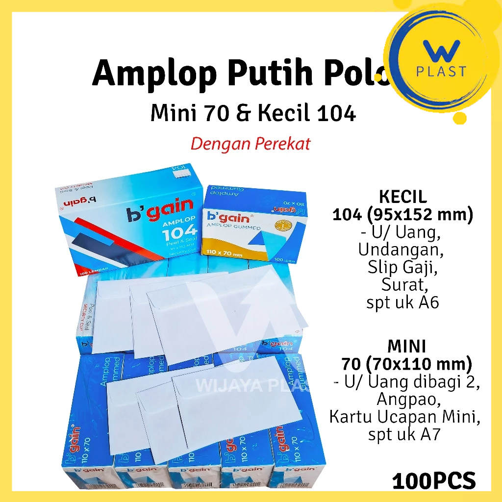 

Amplop Mini & Kecil + Perekat (70&104) --- 100 pcs @Box | 70x110 104 95x152 dengan lem putih uang lipat angpao angpau A6 A7 surat keperluan kantor ATK ekonomis murah pack box
