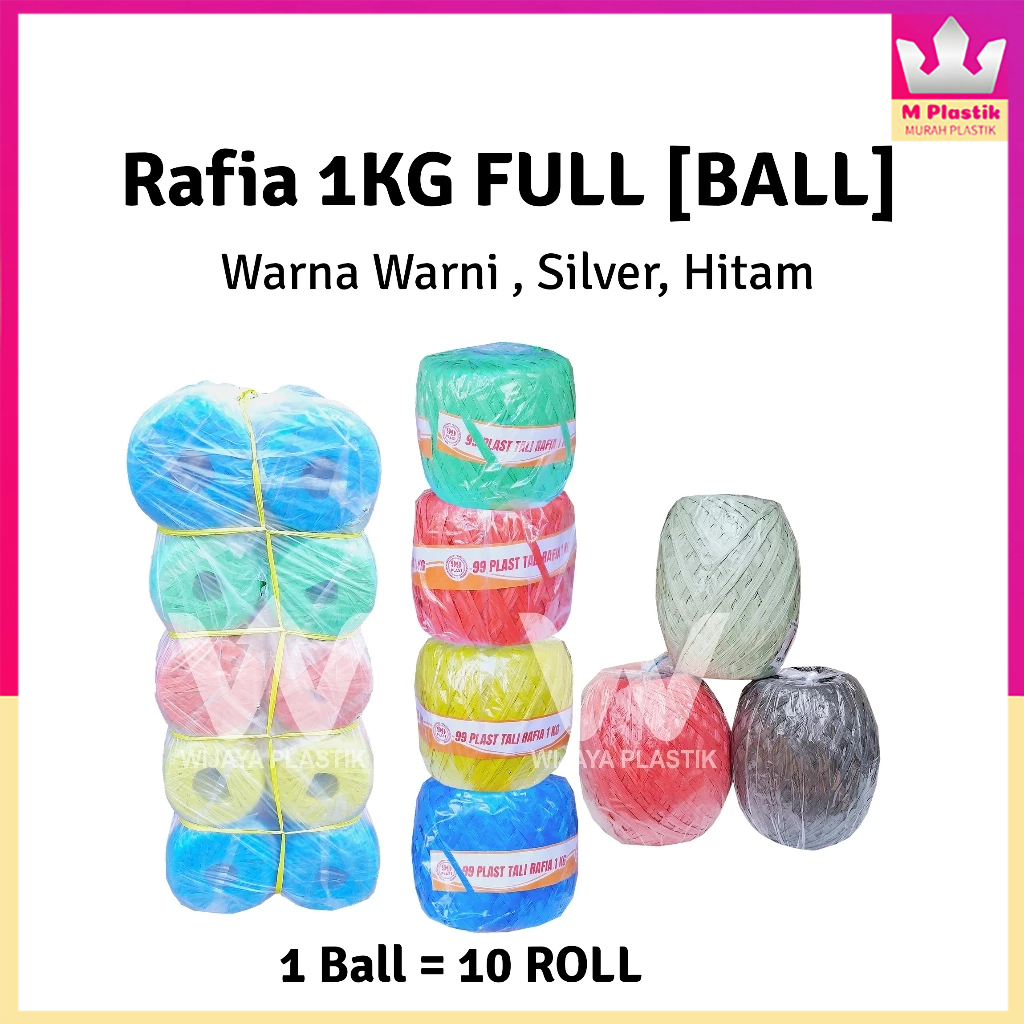 

[1 BALL] Tali Rafia Kiloan ( 1KG ) Warna/Hitam/Silver --- 10 Roll KG @Ball | 1000g ravia los polos warna warni hitam silver kilap merah kuning hijau biru ekonomis murah termurah kuat Ball