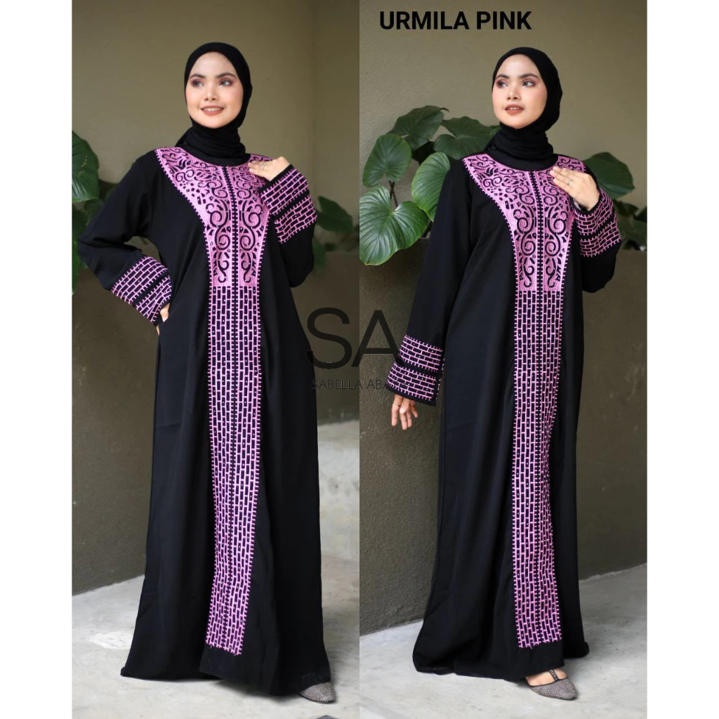 Sabella abaya gamis hitam bordir urmila pink