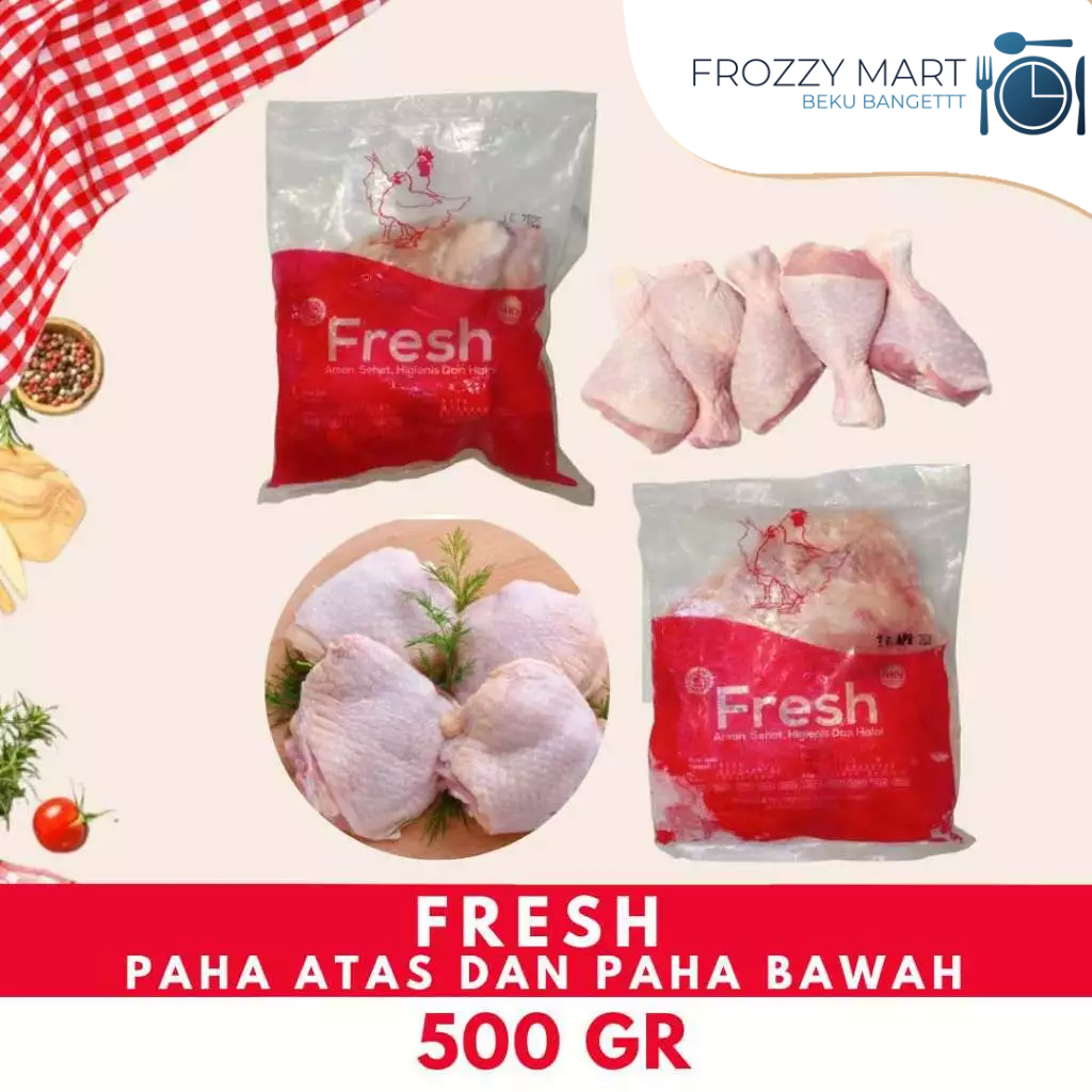

Fresh Daging Ayam Segar 500gr – Paha Atas, Paha Bawah, Dada Boneless,Paha Boneless,Sayap,Kulit 500gr