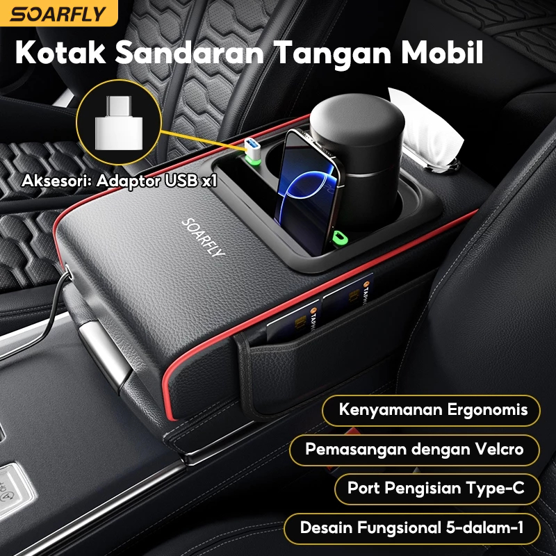 SOARFLY Versi Yang Ditingkatkan Armrest Pad Mobil Kotak Dengan port pengisian daya USB Tisu Mobil Te