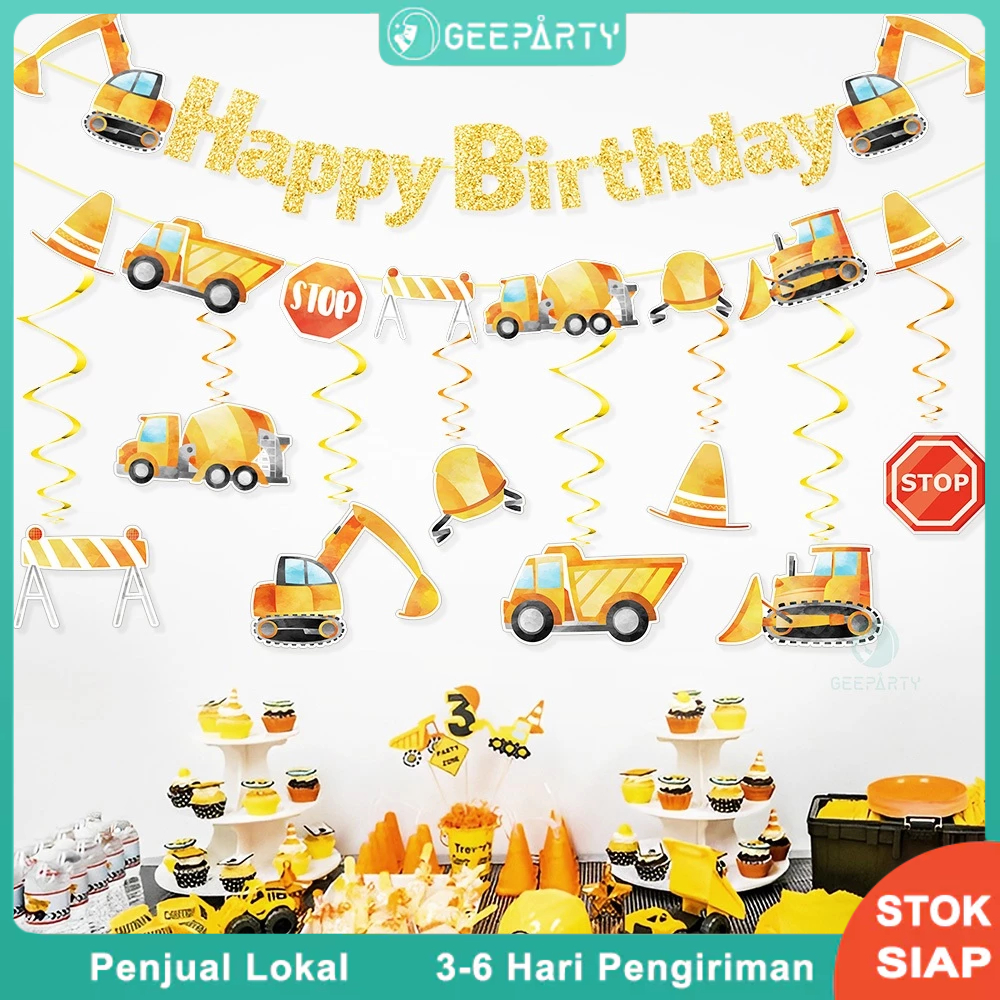 Tema Konstruksi Spiral Gantungan Spanduk Ulang Tahun Ekskavator Dan Bulldozer Untuk Dekorasi Pesta U