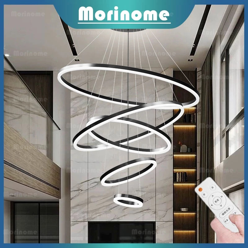 Lampu Gantung Ring LED 5 RING 100cm Black Minimalis Modern Ruang Tamu Untuk Kamar Tidur YMOC