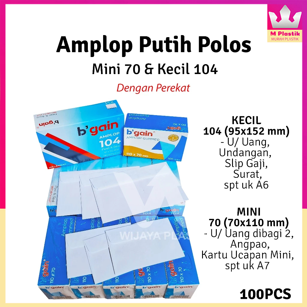 

Amplop Mini & Kecil + Perekat (70&104) --- 100 pcs @Box | 70x110 104 95x152 dengan lem putih uang lipat angpao angpau A6 A7 surat keperluan kantor ATK ekonomis murah pack box