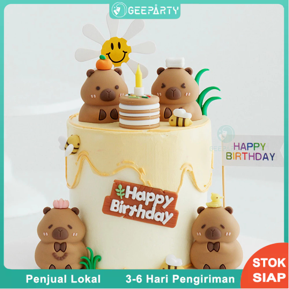 Hiasan Kue Topper Capybara Lucu Capy Dengan Bunga Bebek Oranye Di Kepala Untuk Dekorasi Kue Pesta Ul