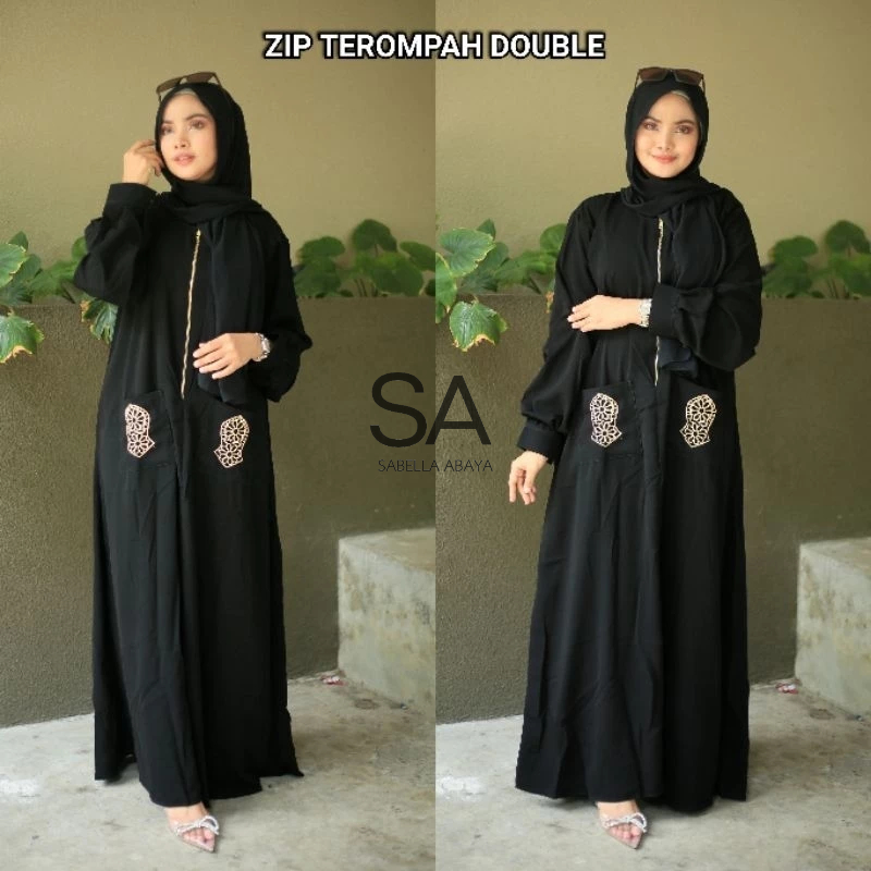 [ BISA COD ] ABAYA ZIPER SAKU TEROMPAH BUSUI BY SABELLAABAYA EXCLUSIVE JETTBLACK APP SAKU KANAN KIRI
