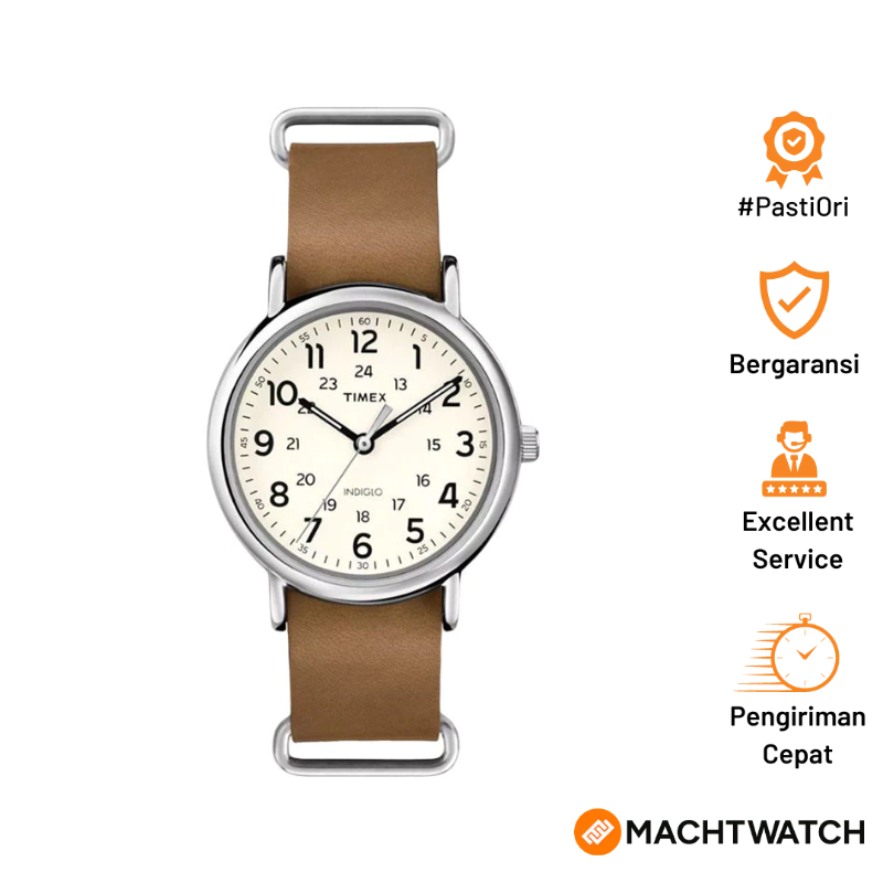 Jam Tangan Pria Timex Weekender T2P492 Indiglo White Dial Light Brown Leather Strap