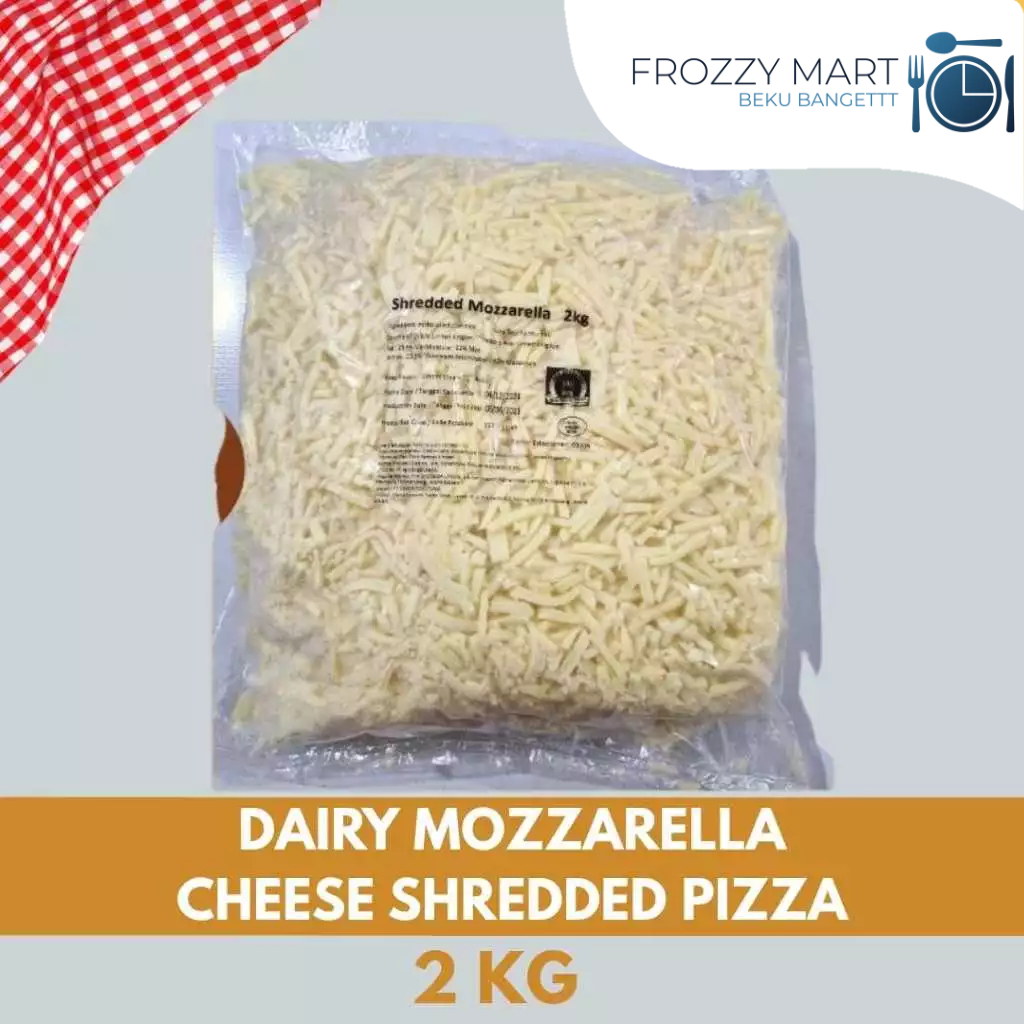

DAIRY Mozzarella Cheese Shredded Pizza 2kg – Mozzarella Parut Lumer Tarikan Panjang untuk Pizza