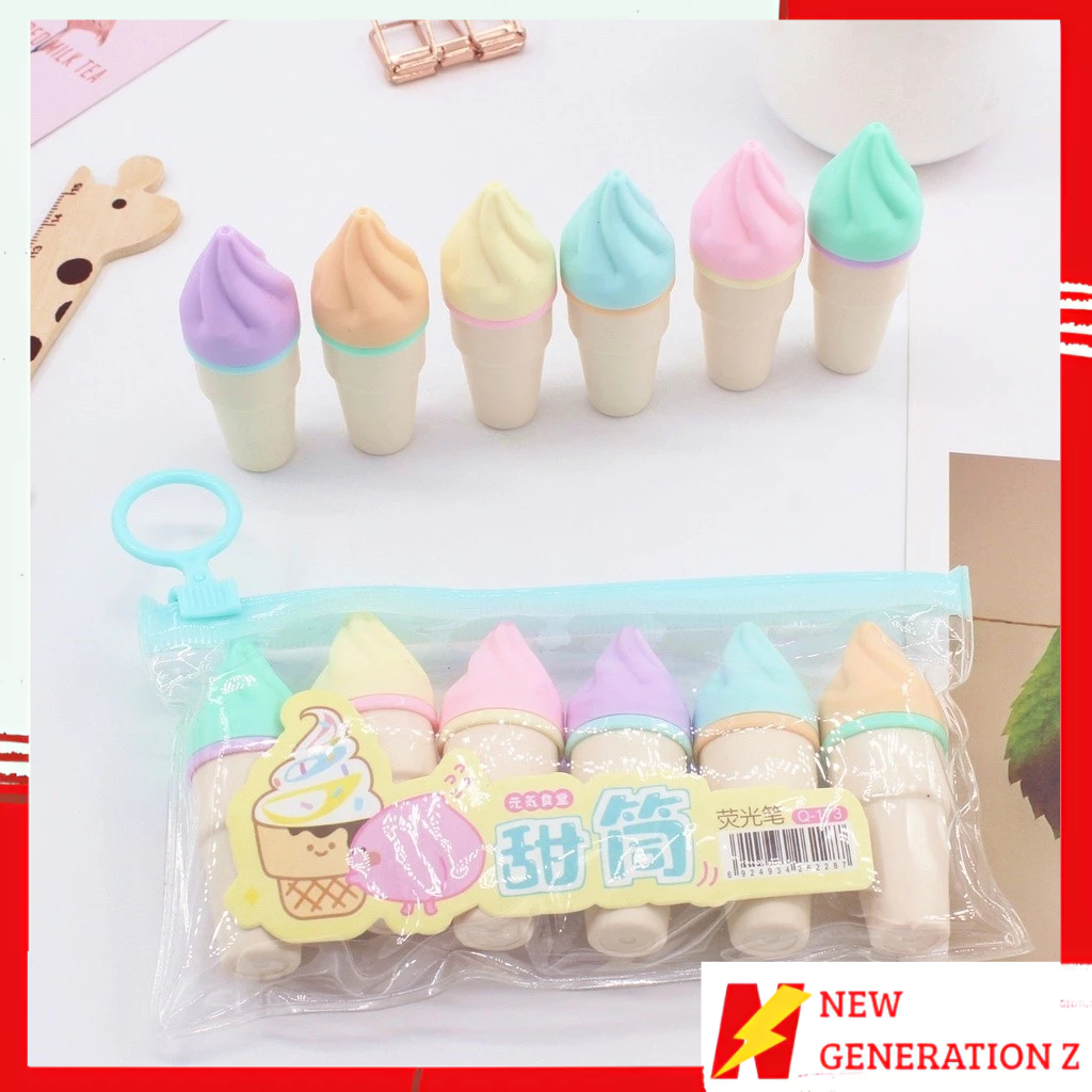 

NGZ HighLighter Es Krim Cone 1 Set 6 Pcs Free Pouch Highliter Es Krim Cone Stationery Lucu Unik Penanda Buku Warna Warni Kado Viral Termurah
