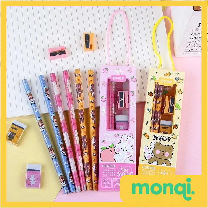 

MONQI Stationery Set 5 in 1 Alat Tulis Anak Sekolah Penghapus Penggaris Pensil Serutan Karakter Lucu Set Alat Tulis Anak Motif Kartun
