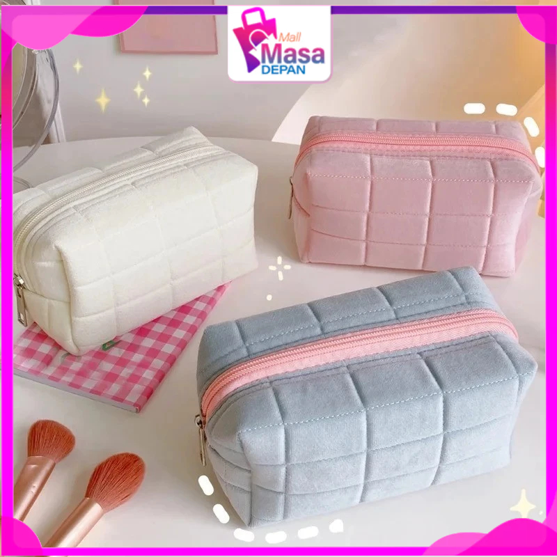 MMD Pouch Kosmetik Lucu Warna Macaroon Kotak Pensil Sleting Velvet Aesthetic Pastel Tempat Pensil Bu