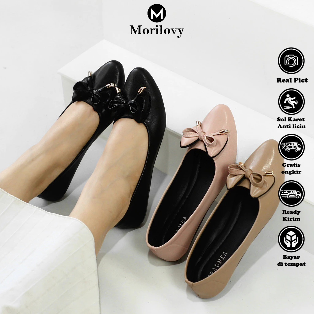 Morilovy Clarissa Sepatu Balet Flatshoes Wanita Hitam Kerja Elegan Murah Kekinian Korean Style