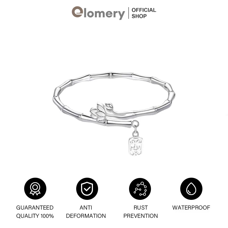 Elomery Gelang Bambu Perdamaian Wanita Sliver Polos Gelang Perak Terbuka Gelang Fashion