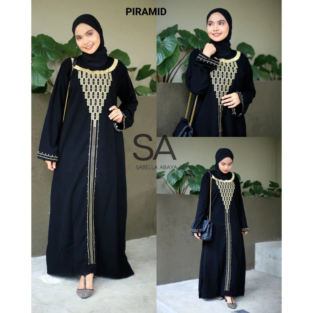 abaya gamis hitam bordir piramid s m l xl real pic