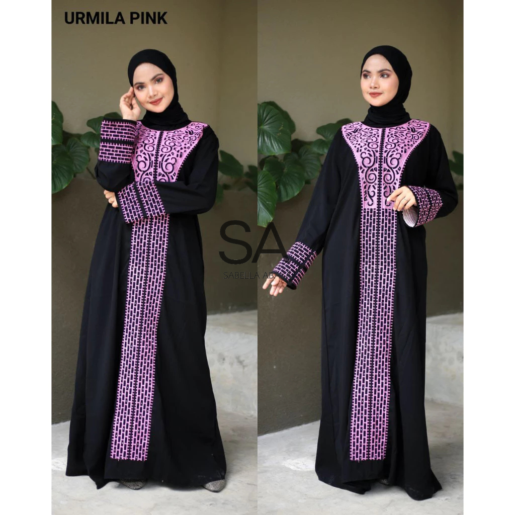 abaya gamis hitam bordir urmila pink saudi jetblack best seller