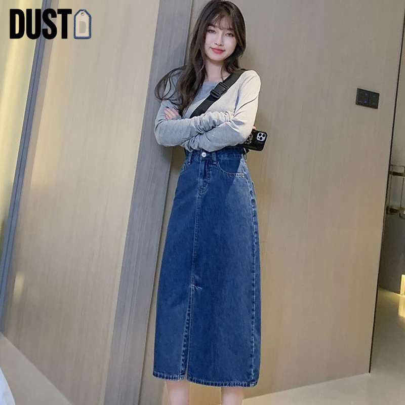 [Diskon 50%] Dust Rok denim wanita korea rok long skirt pembahagian depan