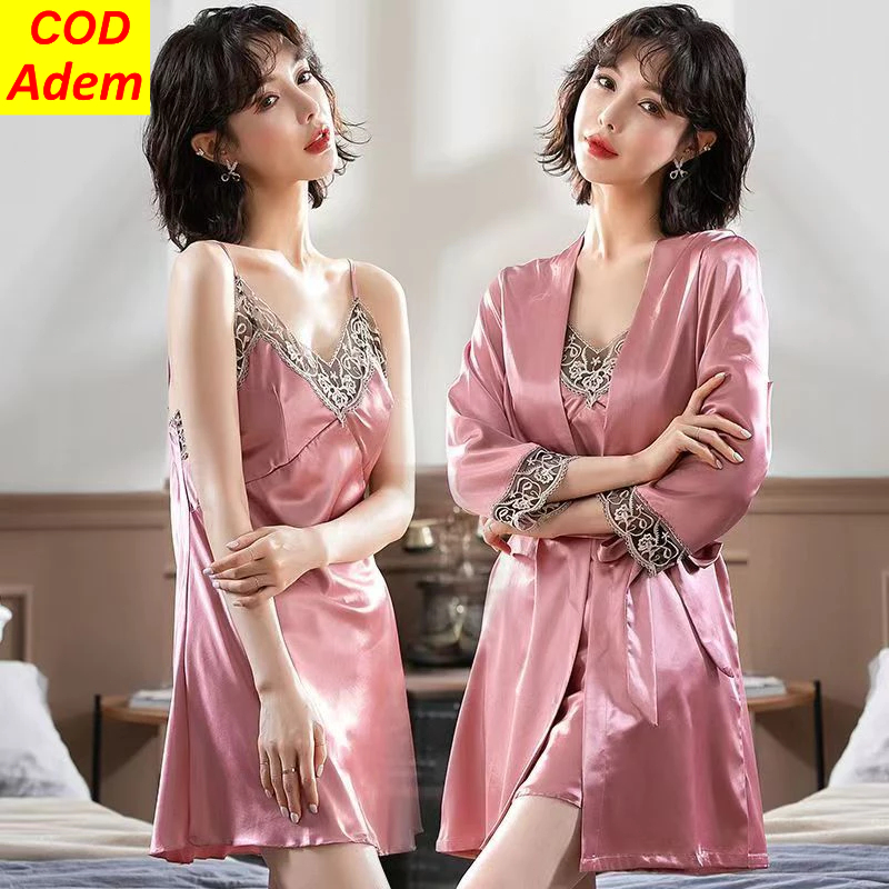Kimono Dress Outer Lingerie Ice Silk/Kimono Victoria Secret Piyama Wanita Satin Premium Set 2in1