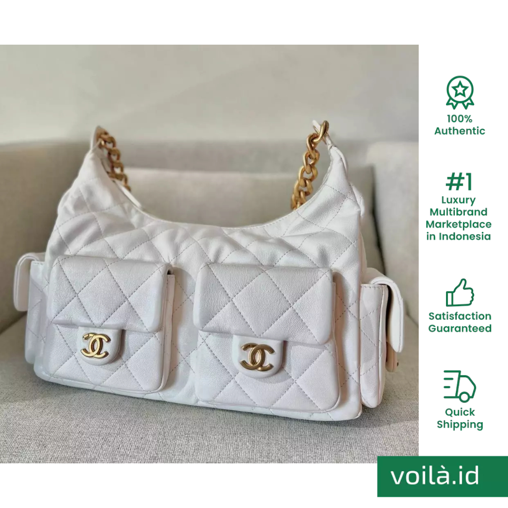 Chanel Hobo Maxi Cargo Shoulder Bag Shiny Calfskin Leather White Ghw