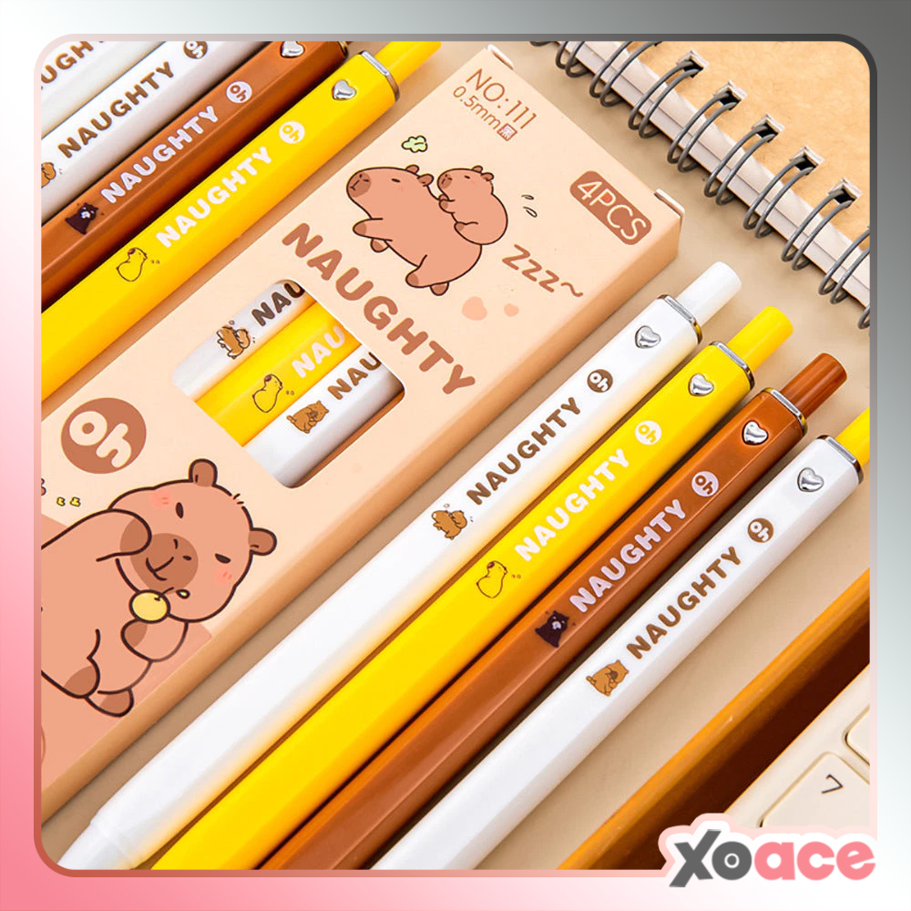 

4 Pcs Pulpen Bolpoin Gel Pen Mekanik Cetek Karakter Capybara Lucu