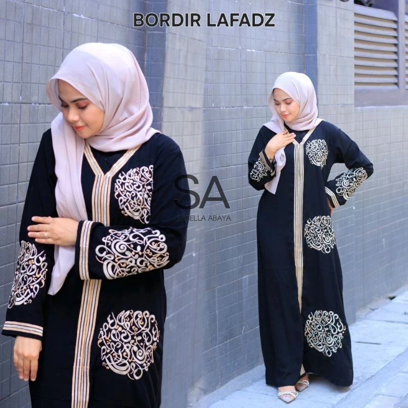 [ bordir lafadz ] abaya gamis hitam jetblack saudi umroh haji busui muslim dress gaun pakaian muslim