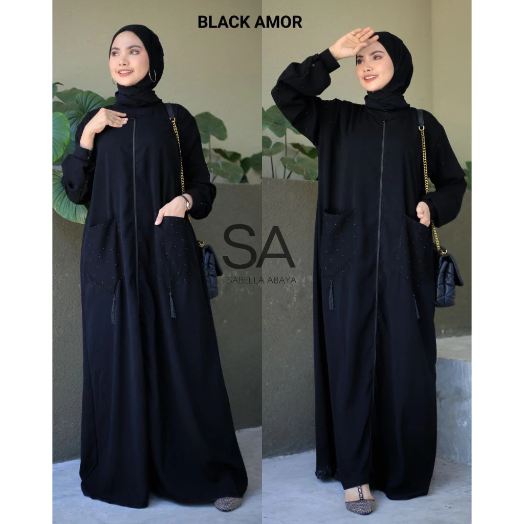 Ready JUMBO Sabella abaya gamis zip zipper ziper BLACK AMOR