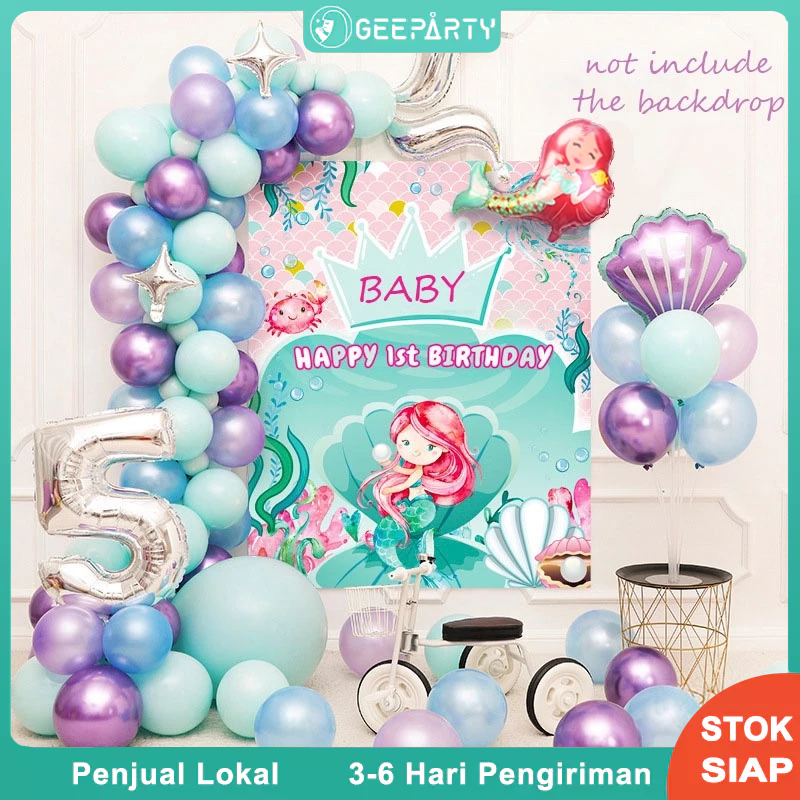 Tema Putri Duyung Bertema Emas Ungu Biru Balon Warna-Warni Garland Untuk Anak Perempuan Ulang Tahun 