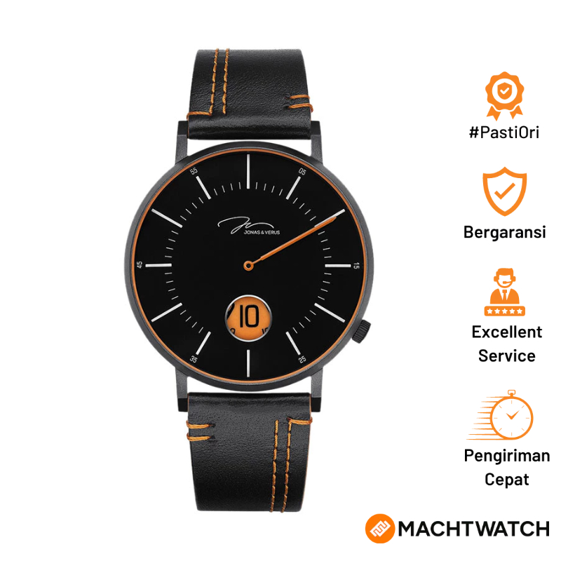 Jam Tangan Unisex Jonas & Verus Discover D41.10.BBLBO Black Orange Dial Black Leather Strap