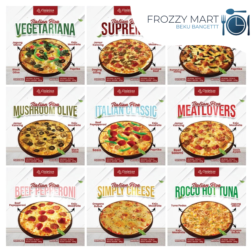 

CISSI Italian Pizza Frozen – Meat Lovers, Pepperoni, Cheese, Mushroom, Signature, Supremo, Rocco