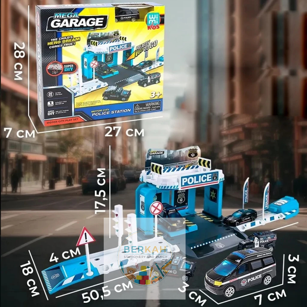 Mainan Mega Garage Police Station Set | Markas Polisi Anak Lengkap Lintasan Mobil | Edukasi WI MI KI