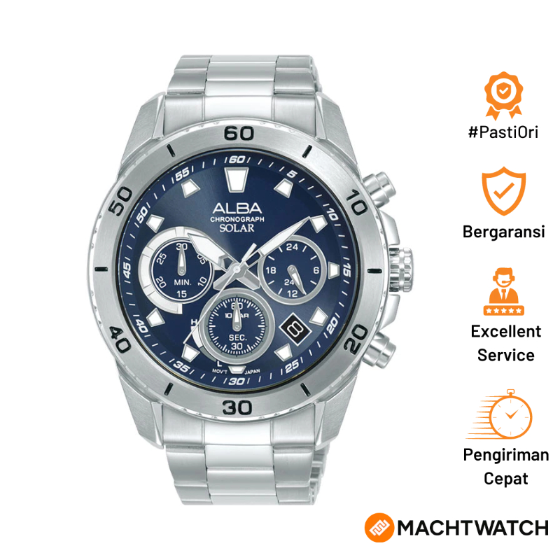 Jam Tangan Pria Alba Active AZ5013X1 Men Solar Chronograph Blue Dial Stainless Steel Strap