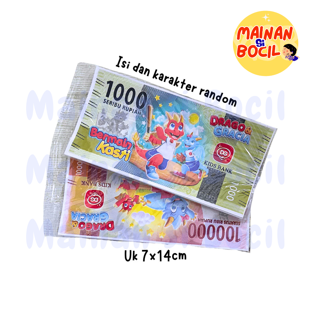 Mainan uang dengan gambar karakter kemasan sachet