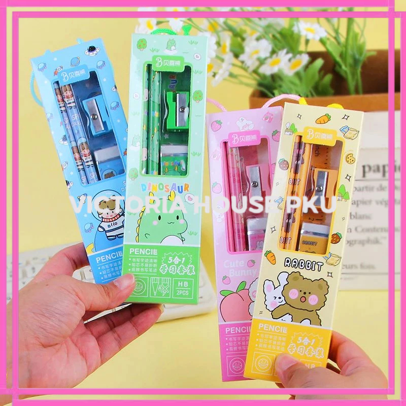 

VHP - Alat tulis set 5in1 Pensil Set 5 IN 1 dengan Kotak Karakter Lucu / Paket Staionery Kids with Box / Paket Lengkap Pencil Penggaris Penghapus Rautan Motif Unik