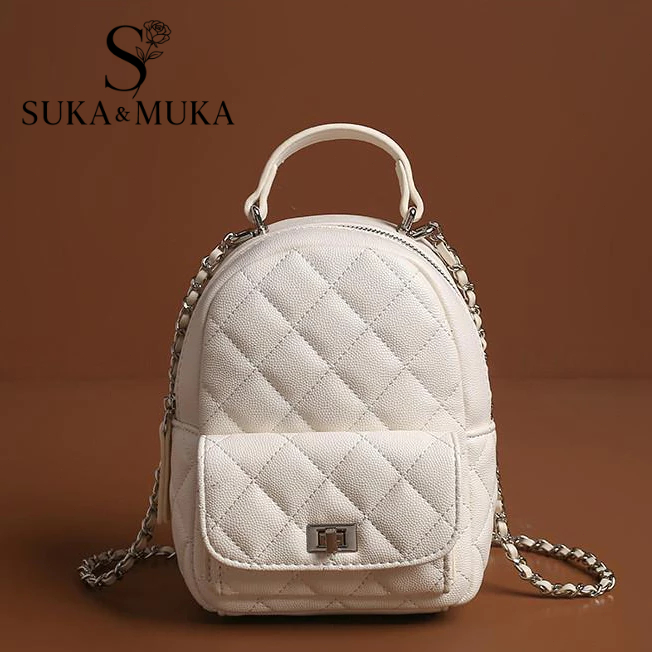 Sukamuka Tas Ransel Backpack Mini Putih Tas Ransel Bahu Rantai Tas Kulit Wanita Kecil Tas Bahu Premi