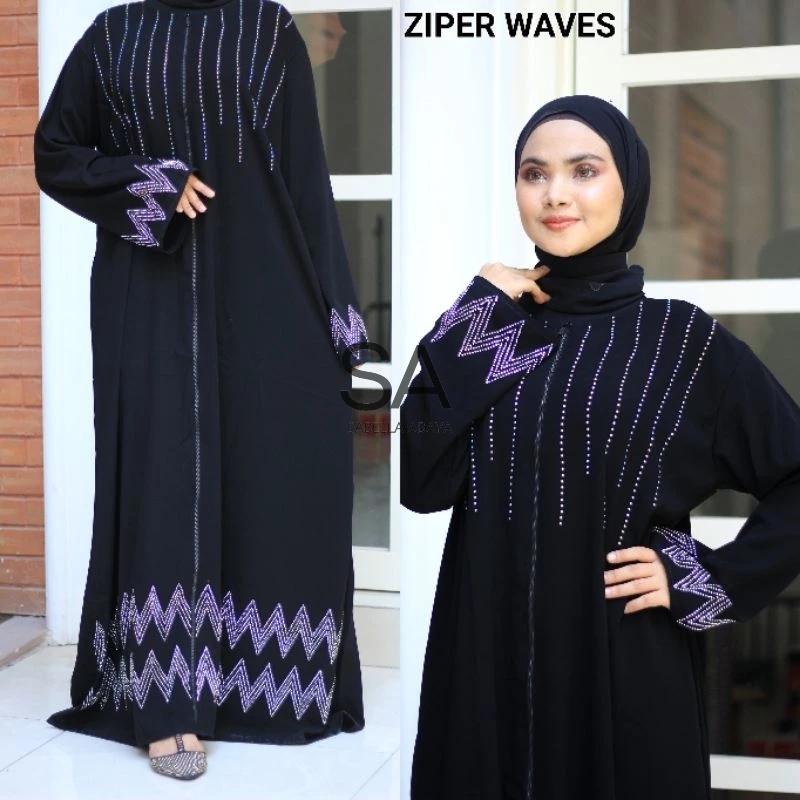 Sabella abaya gamis hitam ziper waves busui jetblack premium turkey mesir saudi ori
