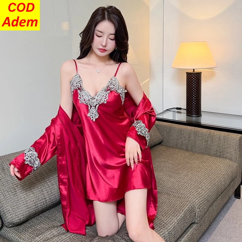 Kimono tidur wanita sexy setelan 2 in 1 sutra baju tidur kimono lingerie sexy sleepwear wanita