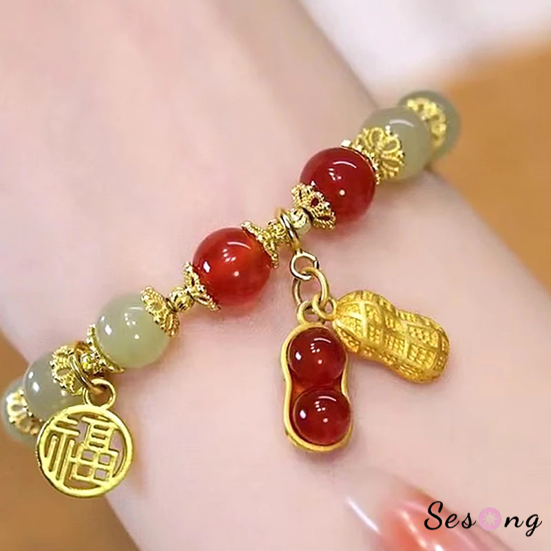 COD Gelang Giok Wanita Berlapis Emas Gaya Cina Vintage Gelang Giok Titanium Gelang Giok Anti Luntur-