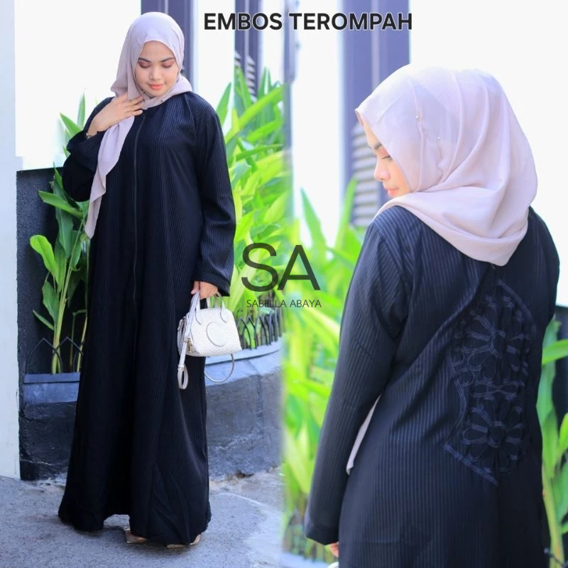[ embos terompah ] abaya gamis hitam bordir ziper emboss jetblack busui muslim dress